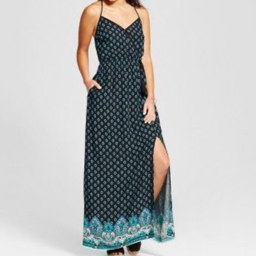 Xhilaration Maxi Rayon Dress M Black Green Paisley Baby Doll Straps Beach Boho